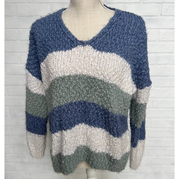 Altar'd State Chunky Knit Cozy Blue Striped Oversized Pullover Sweater -sz M/L - Picture 1 of 5